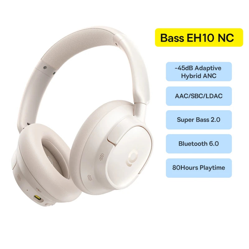 Bass EH10 NC Wireless Headphones Bluetooth 6.0 Noise Canceling 45Db over Ear Headsetspatial Audio Earphone 80H Time