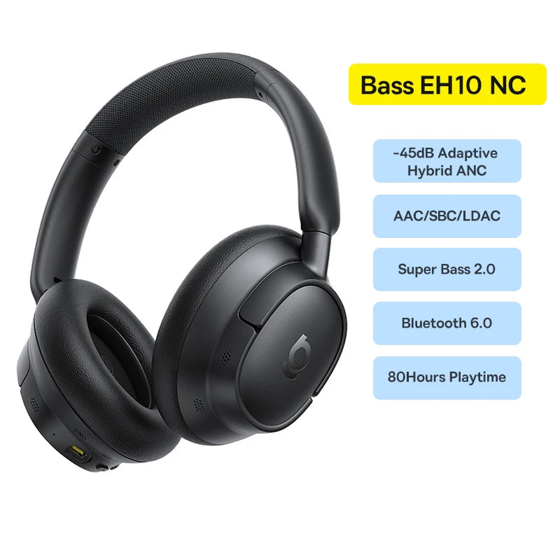 Bass EH10 NC Wireless Headphones Bluetooth 6.0 Noise Canceling 45Db over Ear Headsetspatial Audio Earphone 80H Time